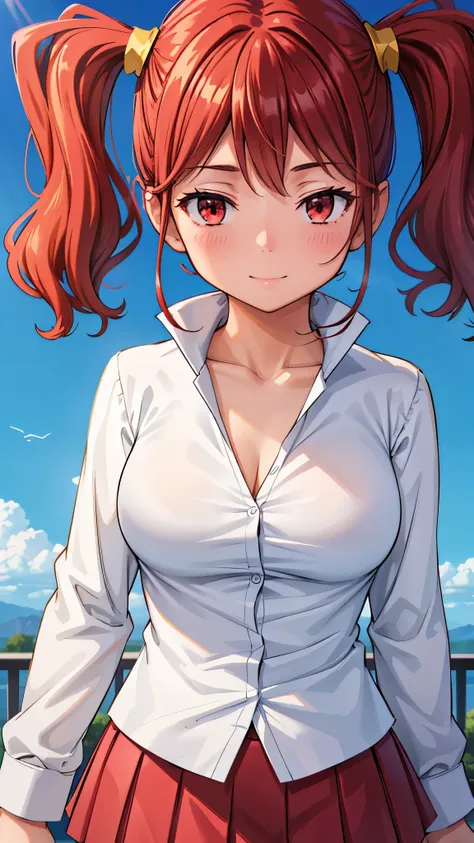 （super quality,super high resolution,16k,Super Masterpiece,Ultra HD ,detailed shading and background,）Upper body shot,Sexy high school girl,twin tails,white shirt with cuffed sleeves,The Valley of the Chest,red miniskirt,cover,smile,blue sky and sun visibl...