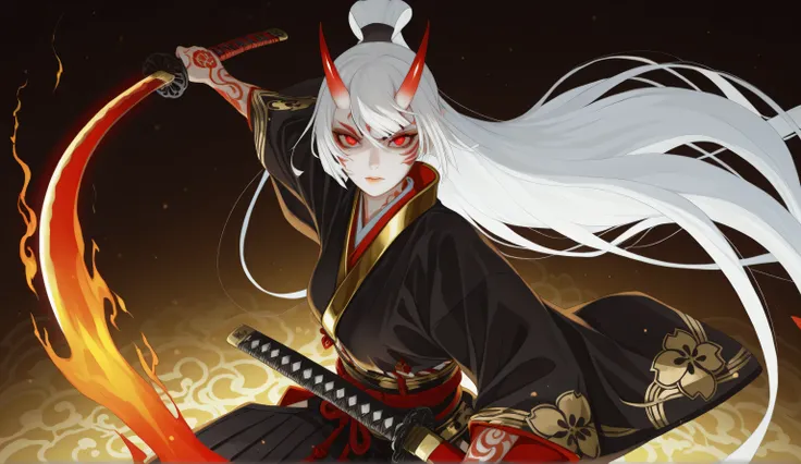 an elegant female samurai warrior oni , long flowing white hair,  with glowing red eyes, traditional Japanese warrior's red and black kimono outfit intricate with gold detailing, holding a katana with a fiery glow, confident pose with one hand raised, myst...