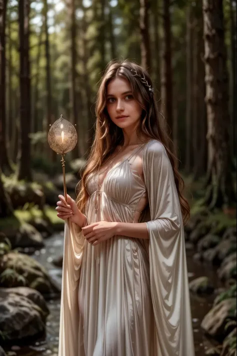  Moonlit forest glade, subtle mist swirling around ancient trees, illuminated by a soft, ethereal glow emanating from a crescent moon hanging low in the sky. A young witch, dressed in flowing white robes, stands at the edge of the clearing, her staff glowi...