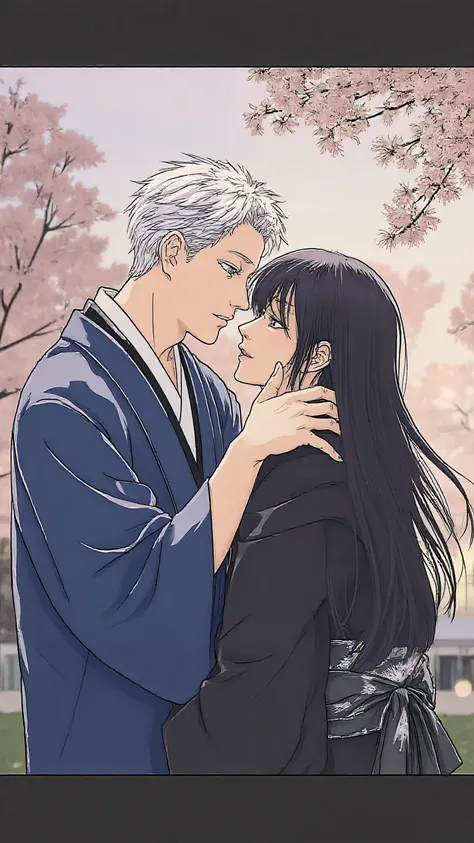 Satoru Gojo at the age of 28,  with sky blue eyes , and slightly wavy short white hair,dressed in a traditional Japanese men's kimono in the color blue, Holding a woman's face, At the age of 27 with green eyes, And long wavy dark brown hair with bangs, dre...