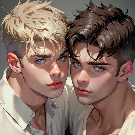 Justin Bieber and Zac Efron short hair, 2 males, Delicate face、Mature Boy、white button up, grey eyes, masterpiece, best quality, 2 males, teasing each other, seductive looking at each other, romance, bare chest, black long hair, white short hair, hot, sexy...