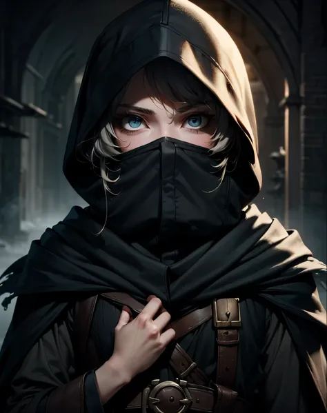 upper body, looking at viewer, 1boy, solo, black wizard cloak, (covered head, hidden face), dark fantasy city, very short gray and white shaggy hair, white eyes, brutal, some smirked, detalized face, anime, with buckle and tape, bloodborne, (masterpiece, t...