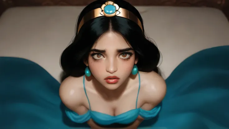The image should depict Princess Jasmine and Genie from (Aladdin) engaged in a forced vaginal penetration scene. (Viennese Oyster Sex Position), Genie is blue revealed as a muscular entity with ponytail, his beard and mustache framing his menacing grin. De...