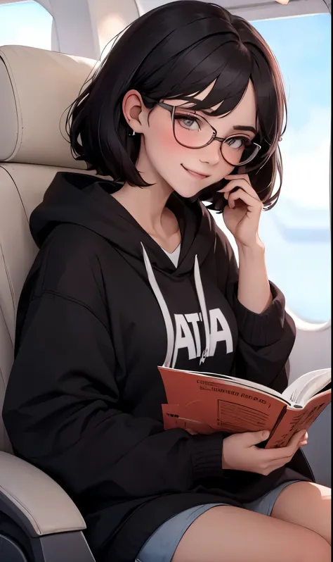 Cute girl. Young girl . Sitting on plane seat by the window. Chill. Reading. Air pods. Glasses. White skin. Black hair. Slightly blushed. Black hoodie. Short-medium hair. Shy smile.
