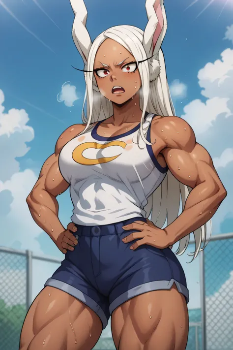 score_9, score_8_, score_7_, source_anime, Alone, 1 , Rumi Usagiyama,  long hair,  animal ears,  white hair,  dark skin,  rabbit ears , dark-skinned female, Muscular, girl rabbit, muscular female,  Red eyes, thick thighs, white tanktop, blue biker short sh...