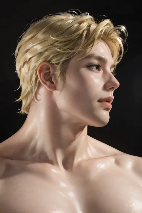 t0f, colored pencil drawing of anime men, simple background, good quality face, head and neck only, portrait, side profile, naked, sensual, hot, twink, blonde hair 