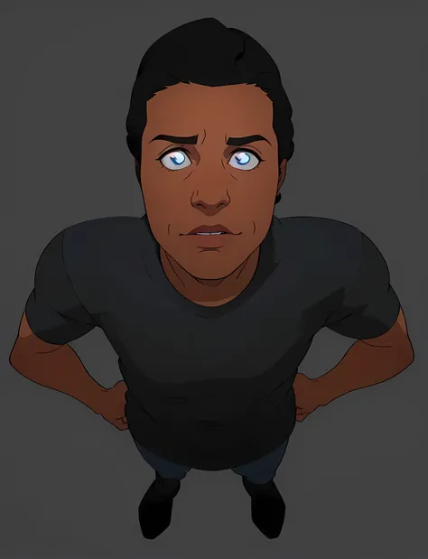 Bill-Blue
A black ager, black curly hair, wearing a black shirt, blue eyes