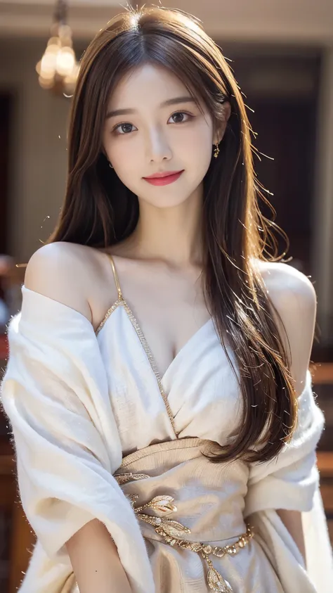 beautiful woman, chestnut hair, beautiful eyes, smile, actual, full hd, very beautiful costume, golden girl, white shawl, highly detailed portrait, intricate facial features, elegant expression, graceful posture, ethereal presence, striking costume design,...