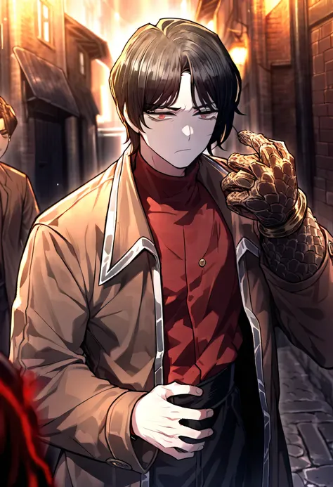 1male, black hair , (project moon\), brown eyes, shirt , red shirt , short hair , angry expression, solo focus , long sleeves, outside, closed mouth , brown coat , backstreets, scale hand, brown hand