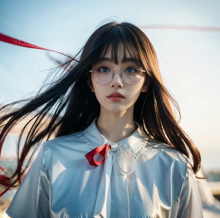 8K quality, pictures, Two beautiful men and beautiful women, Beautiful like a goddess, The backlight of the sunset is so dazzling that the characters are hazy, above chest shot at the ruins, (White blouse with red thin string ribbon tie:1.2), (Fine silver ...