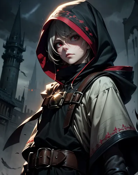 (Best Quality), Super Detail, High Resolution 8K, (finely detail:1.3), Solo, Looking at Viewer, Dark Hooded Magician, Creepy Atmosphera, Upper Body, 1boy, (Covered Head, Hidden Face), Dark Fantasy City, very short gray and white shaggy hair, Red Eyes, Brut...