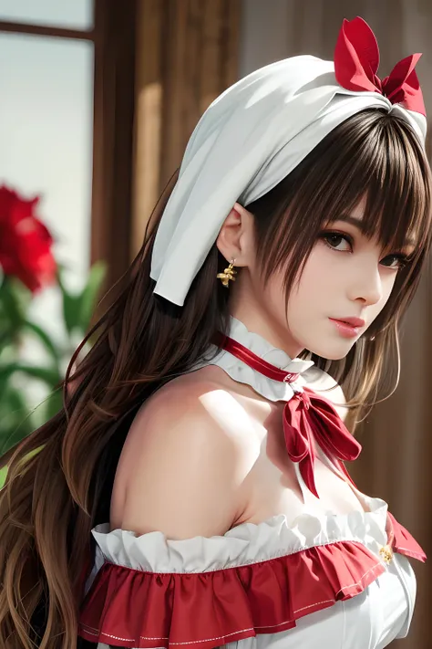 A woman in a sexy white blouse and red ribbon with long supple hair in a natural gold tone with a slight wavy touch. Her off-the-shoulder top has tight cuffs, bottoms with red ribbons and bows, and pearl jewelry at the waist for an elegant look. The backgr...