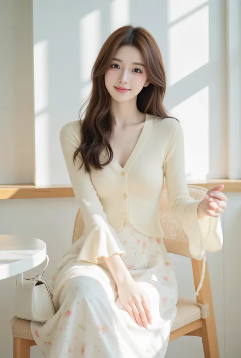 A photorealistic portrait of a beautiful woman seated gracefully in a bright, sunlit Korean-style café with a clean white interior and wooden furniture. The image is framed to show her from the calves upward, clearly capturing her upper body, outfit, and p...