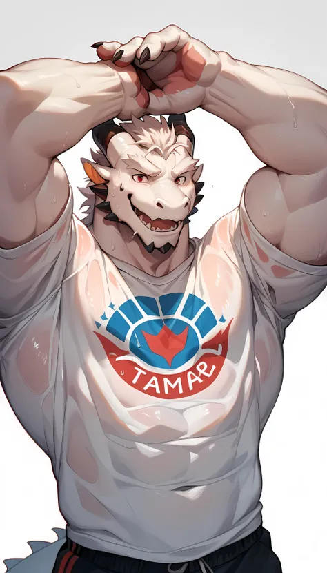 dragon,white body,scale,male,furry,(red eyes),handsome,simple background, strong,muscle,sweat,(Sweat soaked the clothes:0.6),(hands on T-shirt:1.2),(happy),mature,detail face, detail eyes, 