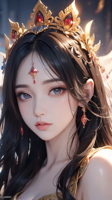 Mysterious goddess, woman in her 20s, beautiful large detailed eyes, beautiful detailed lips, mysterious and graceful pose, floating in a surrealistic landscape, glowing aura, ornate headdress, flowing robes, dramatic lighting, vibrant colors, (top quality...