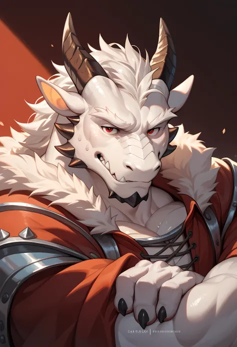 dragon,white body,scale,male,furry,(red eyes),scale,handsome,simple background,unhappy,strong,muscle,sweat,medieval,mature,detail face, detail eyes,