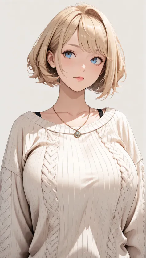 (best quality, 8K, 32k, masterpiece, Ultra HD:1.2),Photos of beautiful Japanese women, Large Breasts, Super Short Bob Hairstyle,Upper Body,(Oversized_sweater,:1.1) necklace, Simple background, blonde, Look cute, 