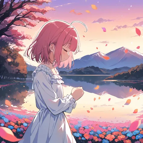 ((best quality,ultra detailed, illustration,from side,sky reflects on the beatiful solt lake,beautiful hills,outline)),
(kawaii girl grip her hands together and prays,prayer,sink the twilight sky),
(( ,ahoge,little chest,white dress white,frill,red ribbon)...