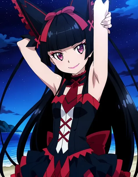 Rory Mercury, anime screencap, masterpiece, best quality, 1girl, solo, closed mouth, smile, hime cut, long hair, blunt bangs, black hair, multicolored eyes, lips, hair bow, multicolored dress, red necktie, sleeveless, ribbon trim, frilled skirt, shiny skin...