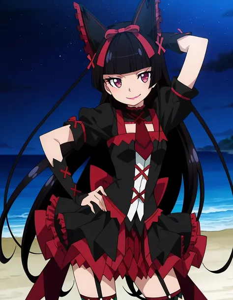 Rory Mercury, anime screencap, masterpiece, best quality,
1girl, solo, closed mouth, smile,
hime cut, long hair, blunt bangs, black hair, multicolored eyes, lips,
hair bow,
multicolored dress, frilled dress, cross-laced dress, red necktie, puffy short slee...