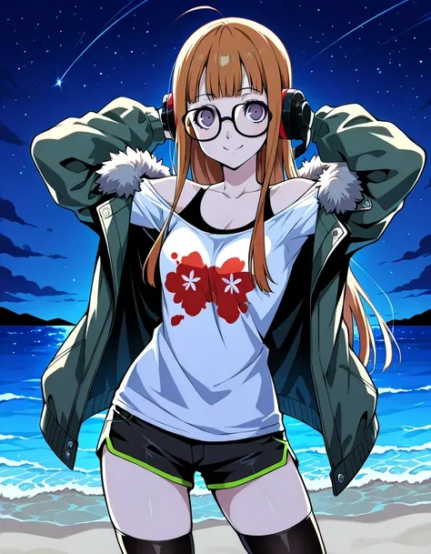 p5futaba, sakura futaba, long hair, glasses, blunt bangs, orange hair, ahoge
p5-futaba-winter, behind-the-head headphones, fur-trimmed jacket, green jacket, shirt, white tank top, off shoulder, bare shoulders, black shorts, black thighhighs,  shiny skin, h...