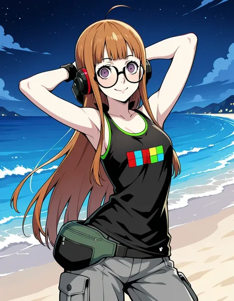 p5futaba, sakura futaba, long hair, glasses, blunt bangs, orange hair, ahoge
p5futaba-summer, behind-the-head headphones, black tank top, bare shoulders, cargo pants, tetris, grey pants, fanny pack, wristband,  shiny skin, high quality, solo, night sky, be...
