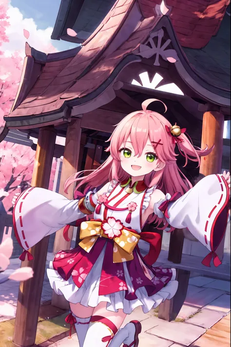 masterpiece, best quality, highres, miko1, sakura_miko, 1girl, big_, solo, ahoge, x_hair_ornament, light_red_hair, floral print, hairclip,(side_less_clothes:1.5), (side_:1.5), hair_bell, floral print, long_hair, hair between eyes, one side up, white thighh...