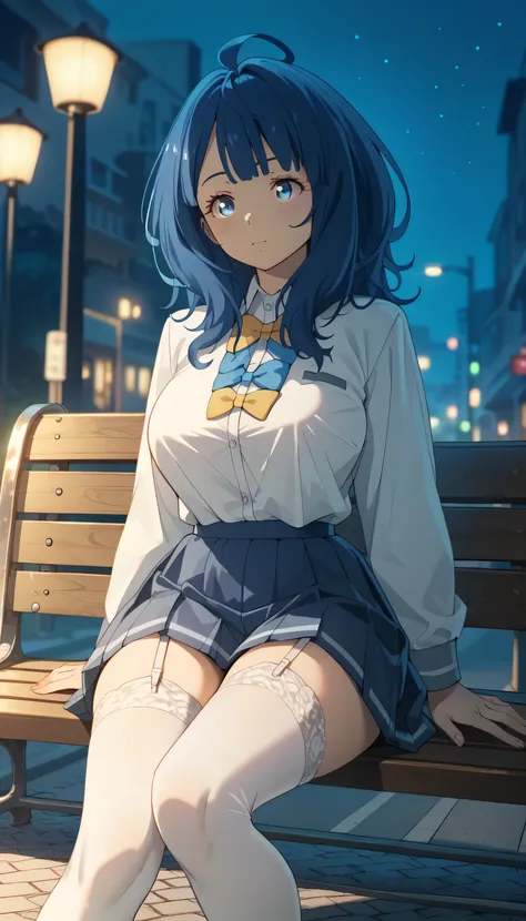 yanamianna wearing a school uniform and white stockings, black garter straps, pretty, curvy, medium hair, ahoge, blue hair,blue eyes, fair skin, large breasts, boring, stoic, sitting on a street bench, alone, at dusk, (night scene:1.2), drawn in an anime s...