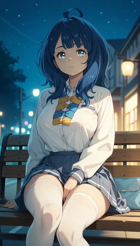 yanamianna wearing a school uniform and white stockings, pretty, curvy, medium hair, ahoge, blue hair,blue eyes, fair skin, large breasts, boring, stoic, sitting on a street bench, alone, at dusk, (night scene:1.2), drawn in an anime style