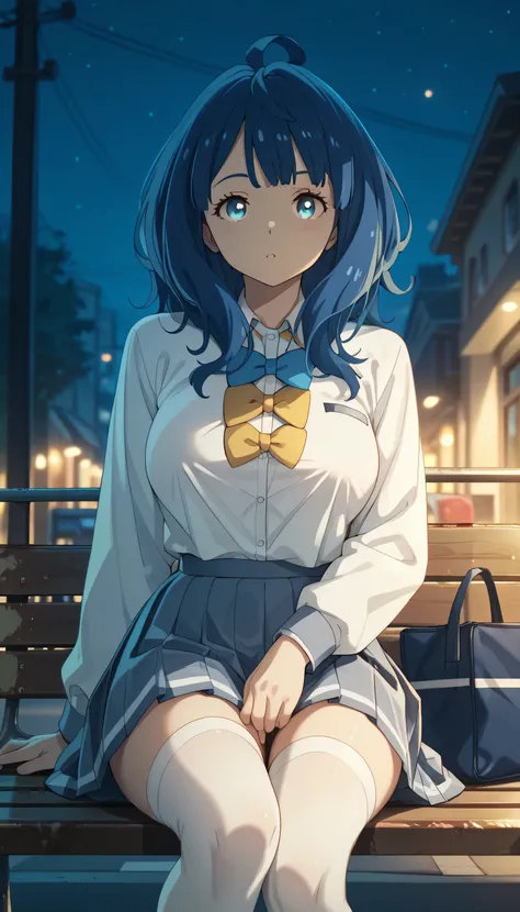 yanamianna wearing a school uniform and white stockings, pretty, curvy, medium hair, ahoge, blue hair,blue eyes, fair skin, large breasts, boring, stoic, sitting on a street bench, alone, at dusk, (night scene:1.2), drawn in an anime style