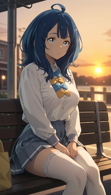 yanamianna wearing a school uniform and white stockings, pretty, curvy, medium hair, ahoge, blue hair,blue eyes, fair skin, large breasts, boring, stoic, sitting on a street bench, alone, at dusk, (sunset:1.2), drawn in an anime style