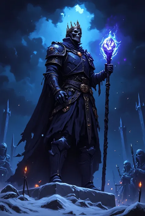 King Lich, Altheron, The Sovereign of the Dead, stands on a frozen throne high in his cursed fortress, Nerathis, a city immersed in eternal cold. His imposing figure With an ominous spectral blue glow. His skeletal body is wrapped in black armor and corrod...