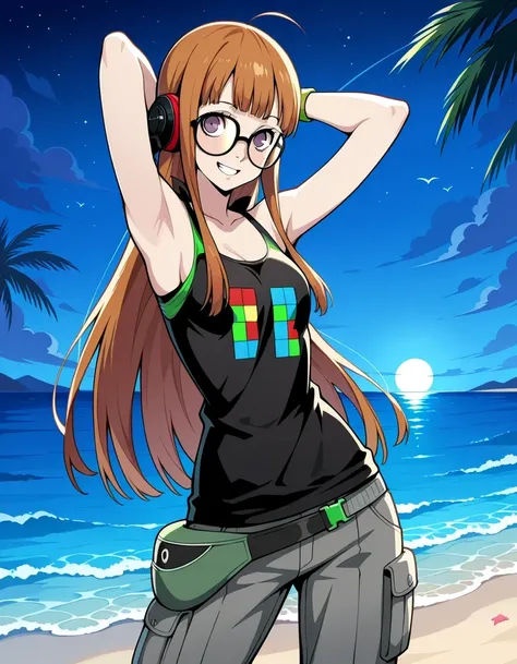 p5futaba, sakura futaba, long hair, glasses, blunt bangs, orange hair, ahoge
p5futaba-summer, behind-the-head headphones, black tank top, bare shoulders, cargo pants, tetris, grey pants, fanny pack, wristband,  shiny skin, high quality, solo, night sky, be...