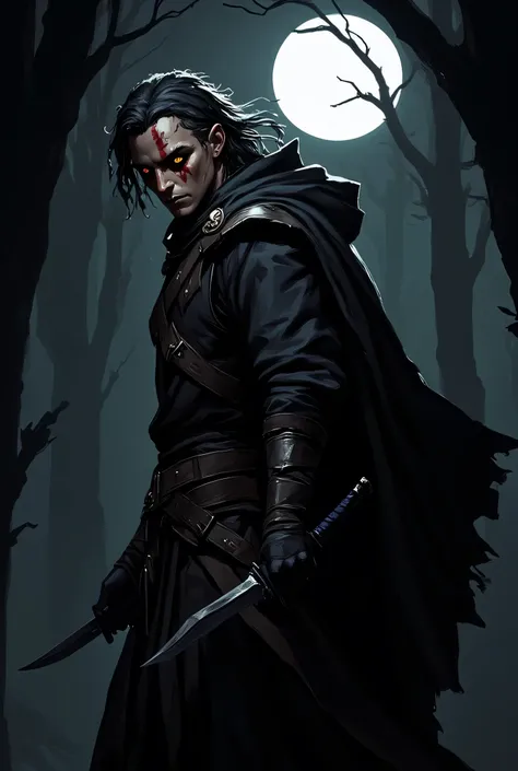 A wandering mercenary with a slender build but marked by years of combat, with a presence that emanates both danger and melancholy.  His face is angular , with subtle scars and deep dark circles that denote restless nights. His hair, dark design with prema...