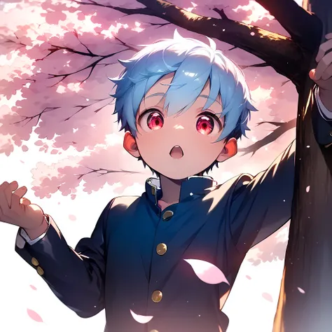 (score_9, score_8_up, score_7_up), (perfect face), (detailed face:1.3), (detailed eyes:1.3), shiny eyes, (masterpiece eyes), (cute face), (solo), (shota:1.5), (standing under tree), (cherry blossoms), (spread arms), (dynamic pose:1.2), (gakuran:1.5), (blac...