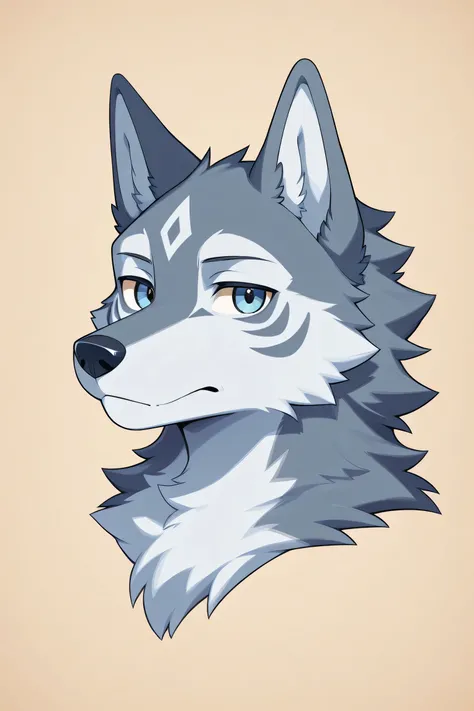 An anthropomorphic male wolf with grey and bluish fur, head only. Looking left not looking at the camera with a cold expression and a unique face pattern and blue face marking. Furry And a litte bit cartoonish look but not to cartoonish, Furry art style