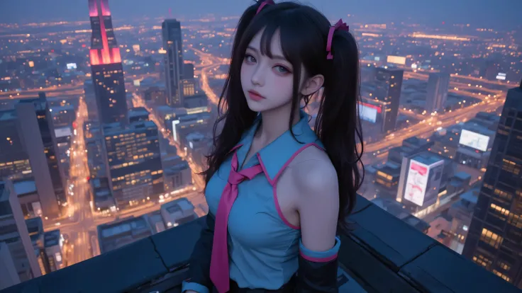 High quality professional photography,realistic, an Asian girl ,fair face,vivid and realistic facial details,Wearing Hatsune Miku's costume,Standing on the roof of a tall building in the city,Night view of the city is huge and spectacular,Overhead composit...