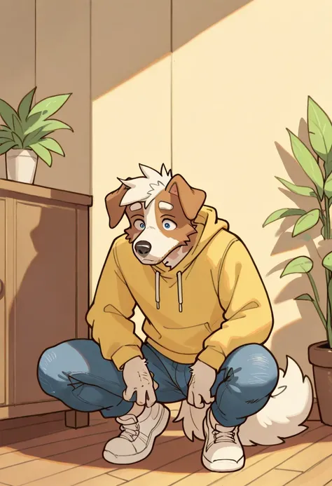 best quality, amazing quality, very aesthetic, Absurds, newer, Michi_(Oc), by gr3yyy , room, Plants, BREAK
hairy, 1 , Alone , hairy male, male focus, hairy, animal ears, dog ears, dog boy , yellow sweatshirt, skinny jeans, squatting , En cuclillas, whi...