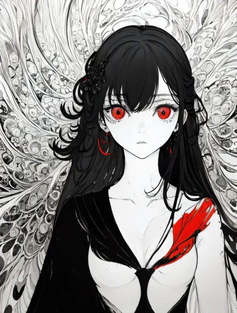 Black and white color scheme, highly detailed, ultra-quality, monochrome illustration. A single girl (1girl) with long, half-black and half-white mixed hair. Precise black and white hair division with natural blending. Odd eyes: left eye is pure white, rig...
