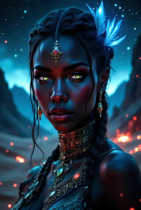 , high resolution, 16k Portrait of a woman Monaliza Congolese girl, with royal clothes ((viking Celta)) with real hair braided with feathers,using american hunting made by indians in texax, High definition art, piercing, Green gentle eyes, well defined fac...