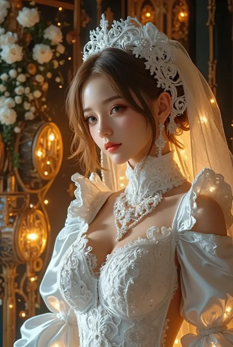 best quality , Super quality, 16k, Unbelievably Absurd, very detailed, lovely photo, delicate and dynamic, Kiri Reina female, seductive smile, pure white wedding dress , great style , bouquet, steampunk, DIESEL PUNK , clock punk , cyberpunk, G...