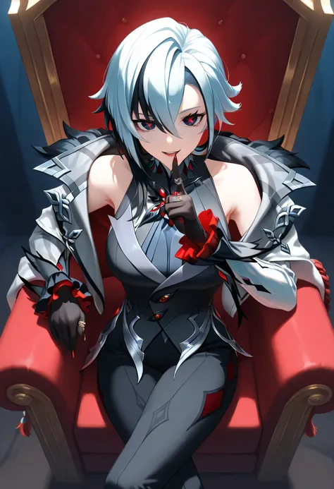 best quality, masterpiece,lora:arlecchino_new:1>ï¼parted_lips, sidelocks, turtleneck, black_gloves, x-shaped_pupils, :d, looking_at_viewer, highres, english_commentary, finger_to_mouth, index_finger_raised, solo, In the ice castle, in front of the red thr...