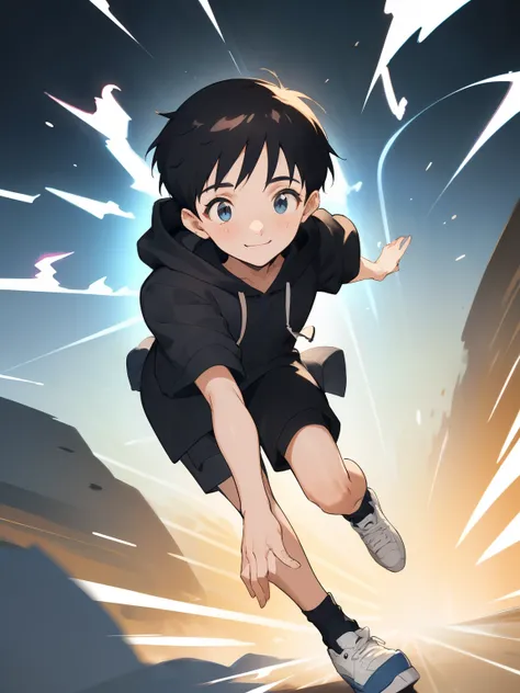 The cute boy's appearance is a cute neutral face with short black hair and long eyelashes. A gentle smiling expression. A black open front hoodie with short sleeves. (Short black spats peeking out from under the hoodie). White socks. Campus sneakers. Full ...