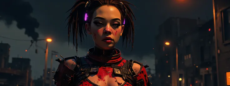 The image depicts a post-apocalyptic and artistic representation of a full body battle android with an intriguing blend of organic and mechanical elements. She is severely wounded and battle damaged, her skin is bruised and bleeding, her armor dented and f...