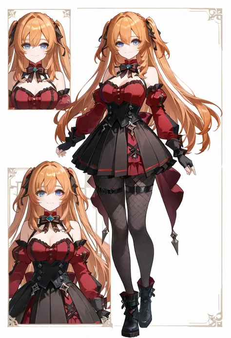 1girl, solo, long hair, breasts, looking at viewer, smile, bangs, hair between eyes, sidelocks, blue eyes, skirt, orange hair, large breasts, shirt, gloves, long sleeves, dress, bow, ribbon, hair between eyes, bare shoulders, very long hair, closed mouth, ...