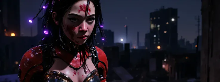 The image depicts a post-apocalyptic and artistic representation of a full body battle android with an intriguing blend of organic and mechanical elements. She is severely wounded and battle damaged, her skin is bruised and bleeding, her armor dented and f...