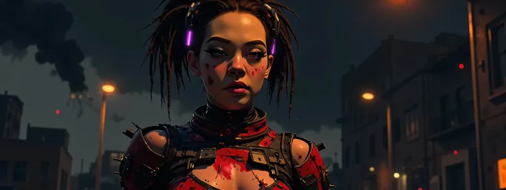 The image depicts a post-apocalyptic and artistic representation of a full body battle android with an intriguing blend of organic and mechanical elements. She is severely wounded and battle damaged, her skin is bruised and bleeding, her armor dented and f...