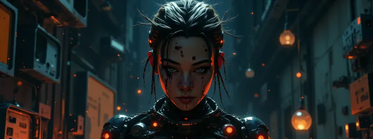 The image depicts a post-apocalyptic and artistic representation of a full body battle android with an intriguing blend of organic and mechanical elements. She is severely wounded and battle damaged, her skin is bruised and bleeding, her armor dented and f...