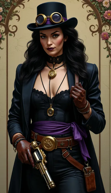 Britt Lower as Lady Mechanika, mysterious and alluring steampunk gunslinger, with gothic influences, wears a fitted black corset with intricate lace patterns, accented by a deep purple sash, small black bowler hat with a matching purple ribbon rests atop, ...