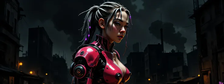 The image depicts a post-apocalyptic and artistic representation of a battle android with an intriguing blend of organic and mechanical elements. She has clearly seen battler, as both she and her armor is scraped and scratched and dirty and barely held tog...